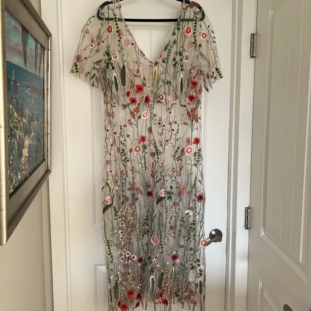 Floral embroidered mesh slip dress